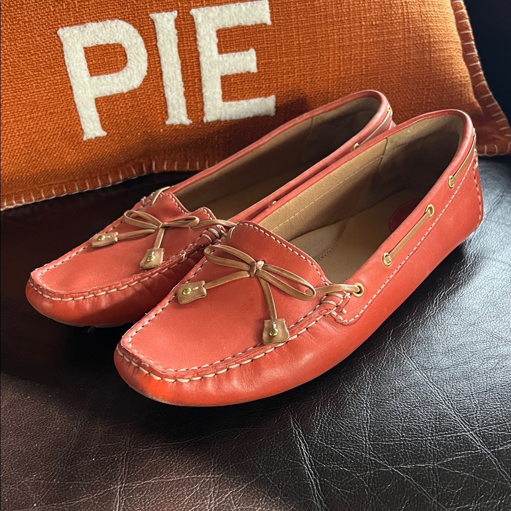 Clarks Women's Orange Leather Moccasin Loafers with Bow Detail